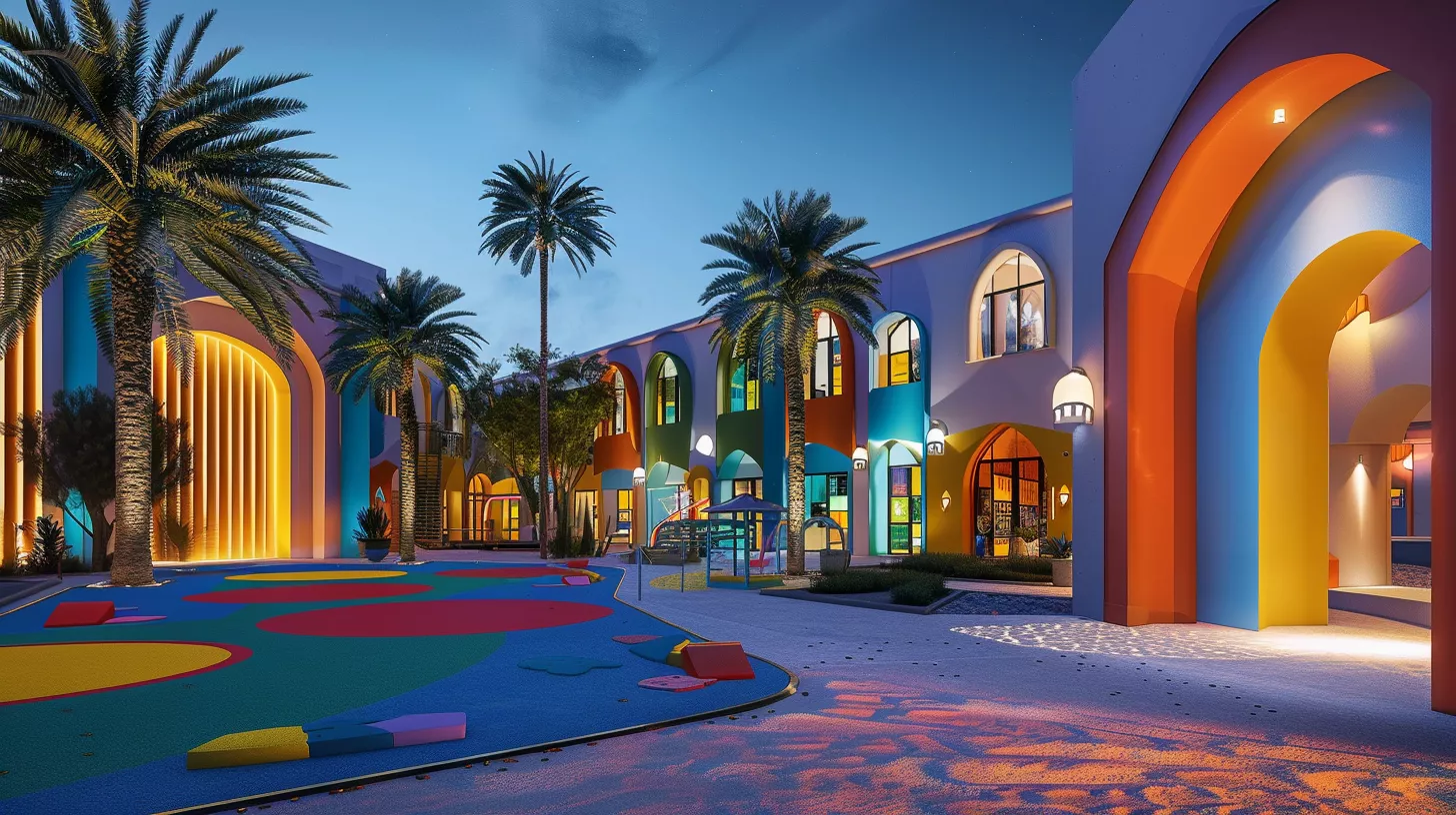 تصميم خارجي لروضة نموذجية بألوان مبهجة تصميم خارجي لروضة نموذجية بألوان مبهجة